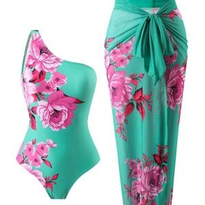 NWOT Floral One-Shoulder Swimsuit and Sarong Set